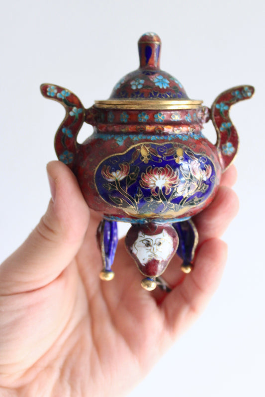 Chinese Cloisonné Tripod Covered Jar with Cat Mask Feet