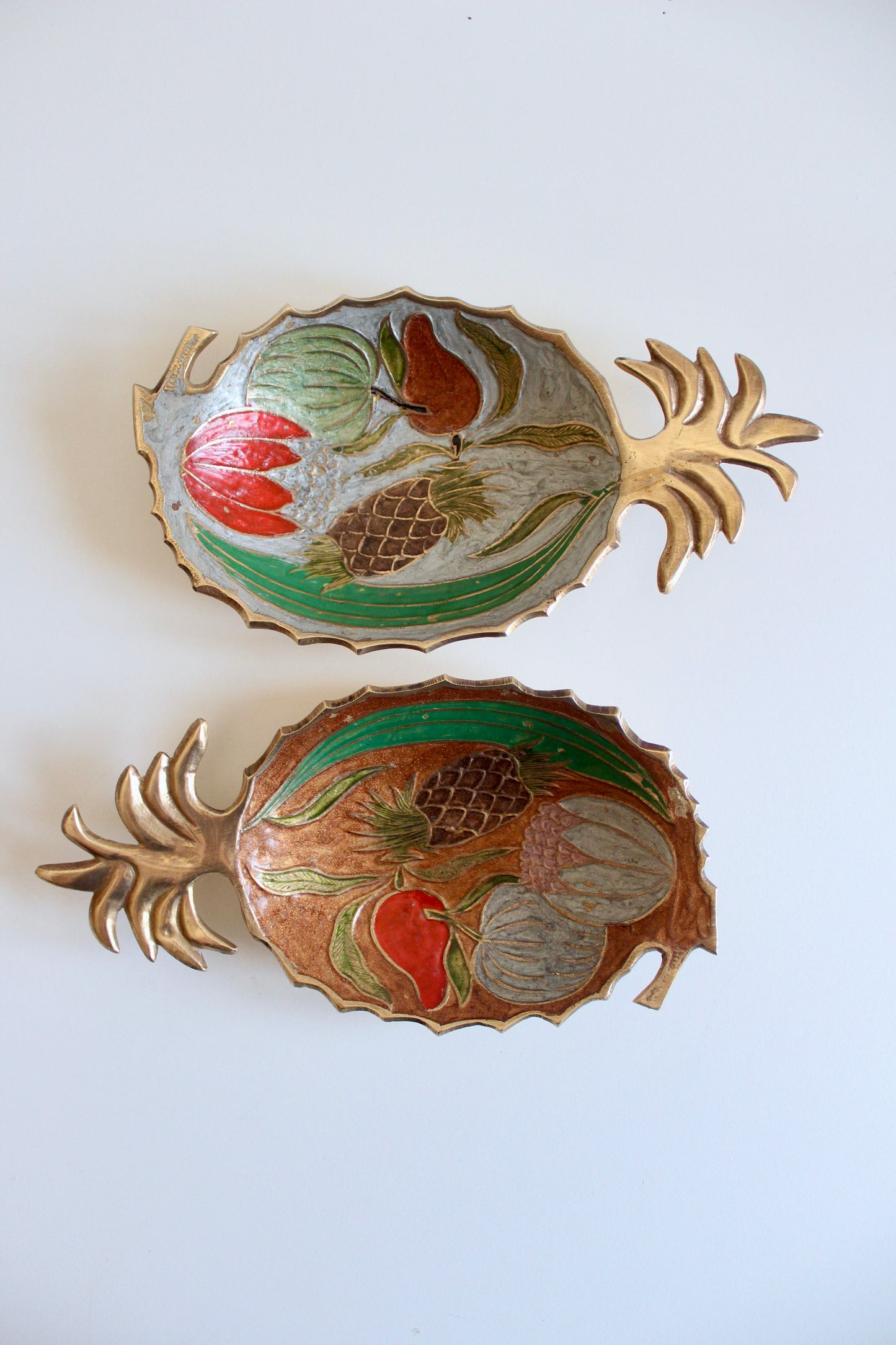 Pair of Enameled Brass Pineapple Bowls