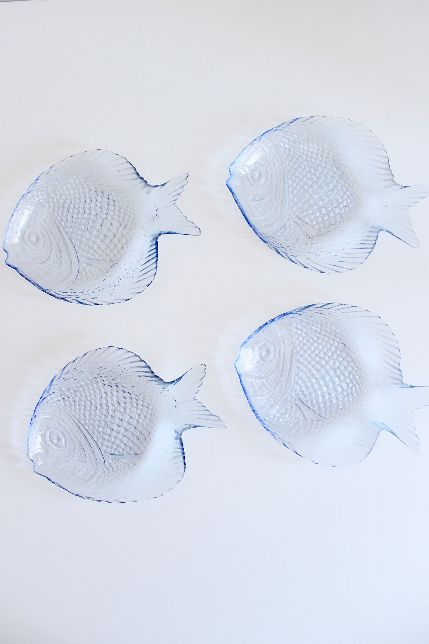 Vintage Fish-Shaped Pressed Glass Set of Four Plates, circa 1970s–1980s