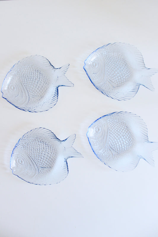 Vintage Fish-Shaped Pressed Glass Set of Four Plates, circa 1970s–1980s