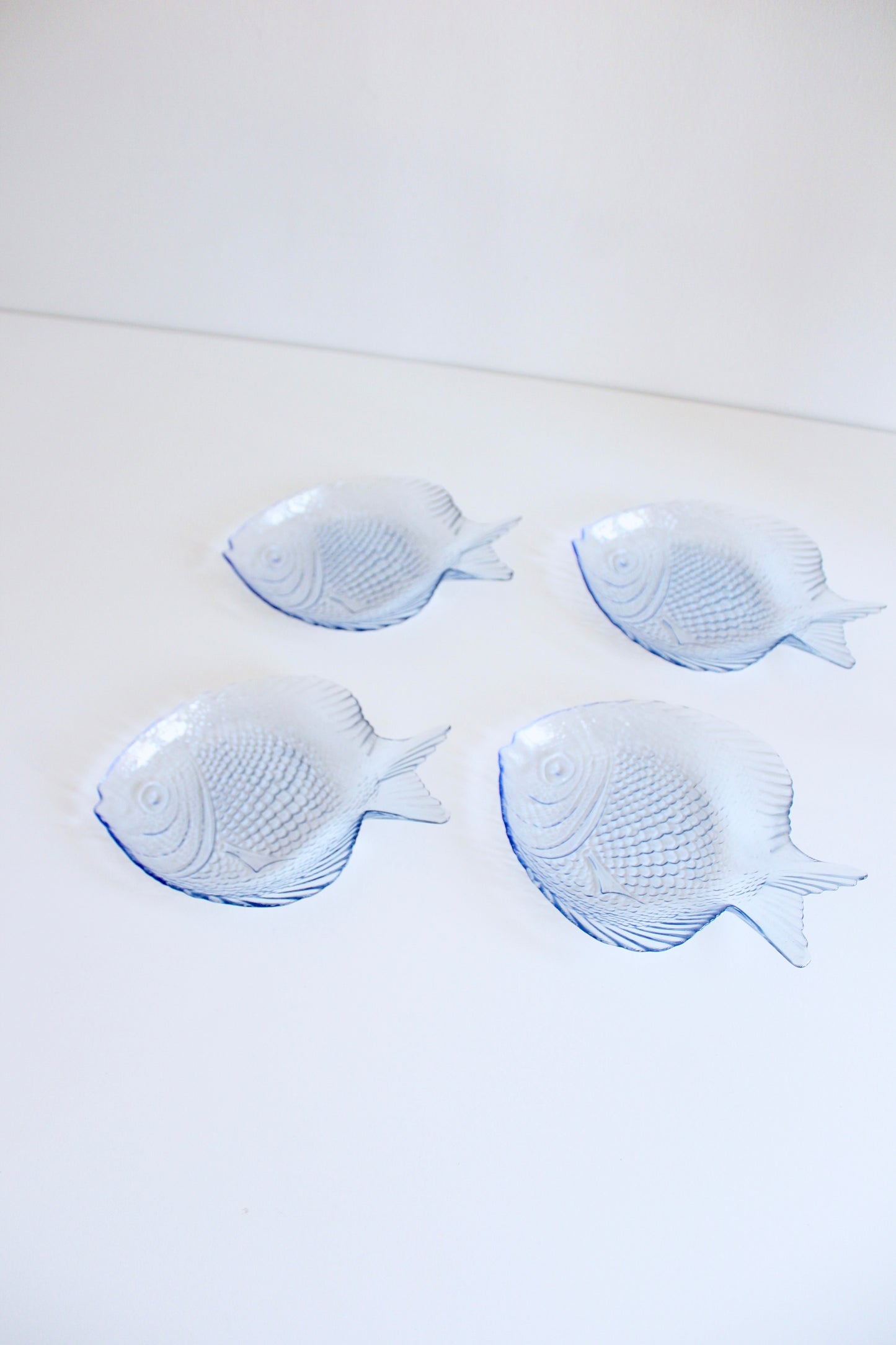 Vintage Fish-Shaped Pressed Glass Set of Four Plates, circa 1970s–1980s