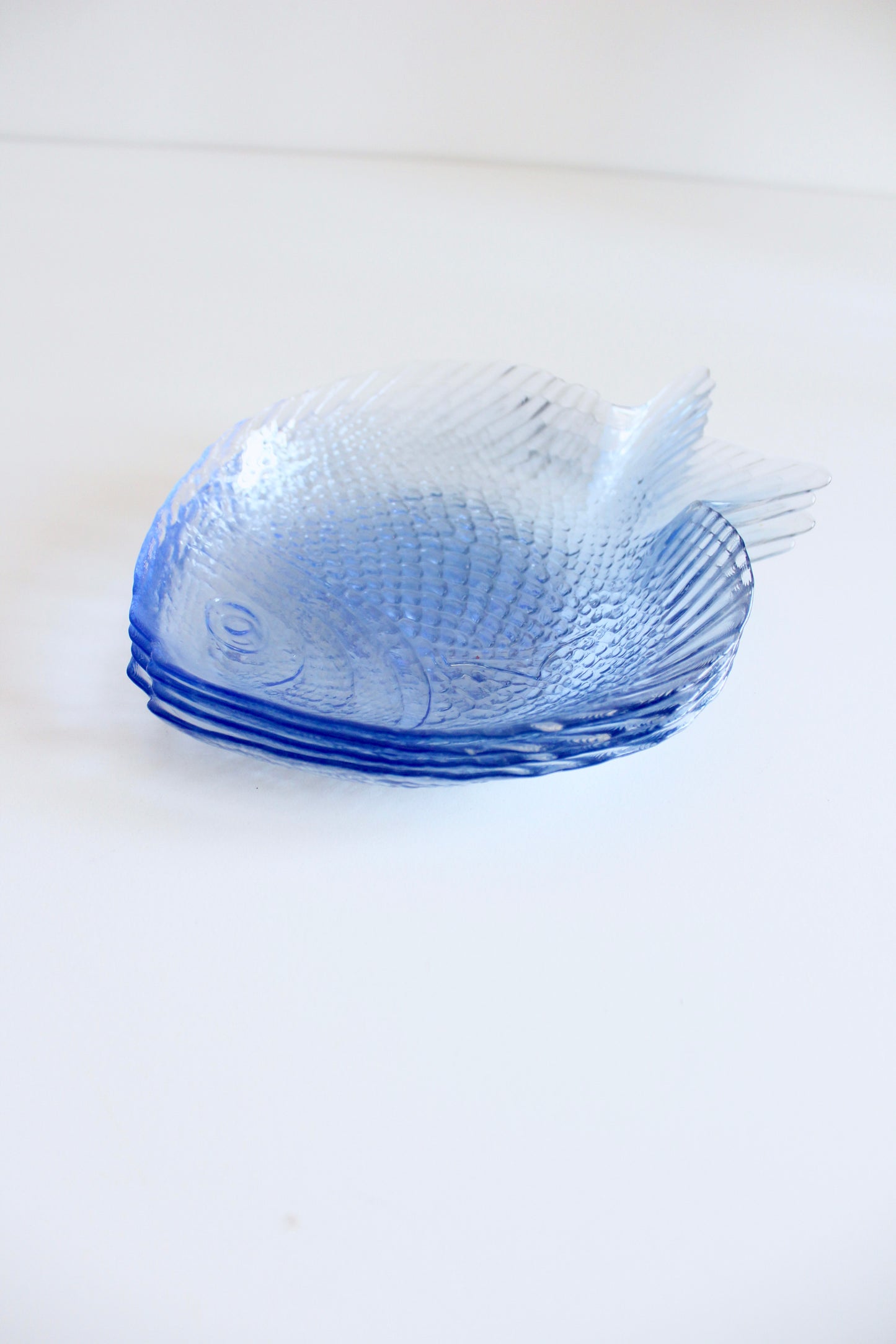 Vintage Fish-Shaped Pressed Glass Set of Four Plates, circa 1970s–1980s