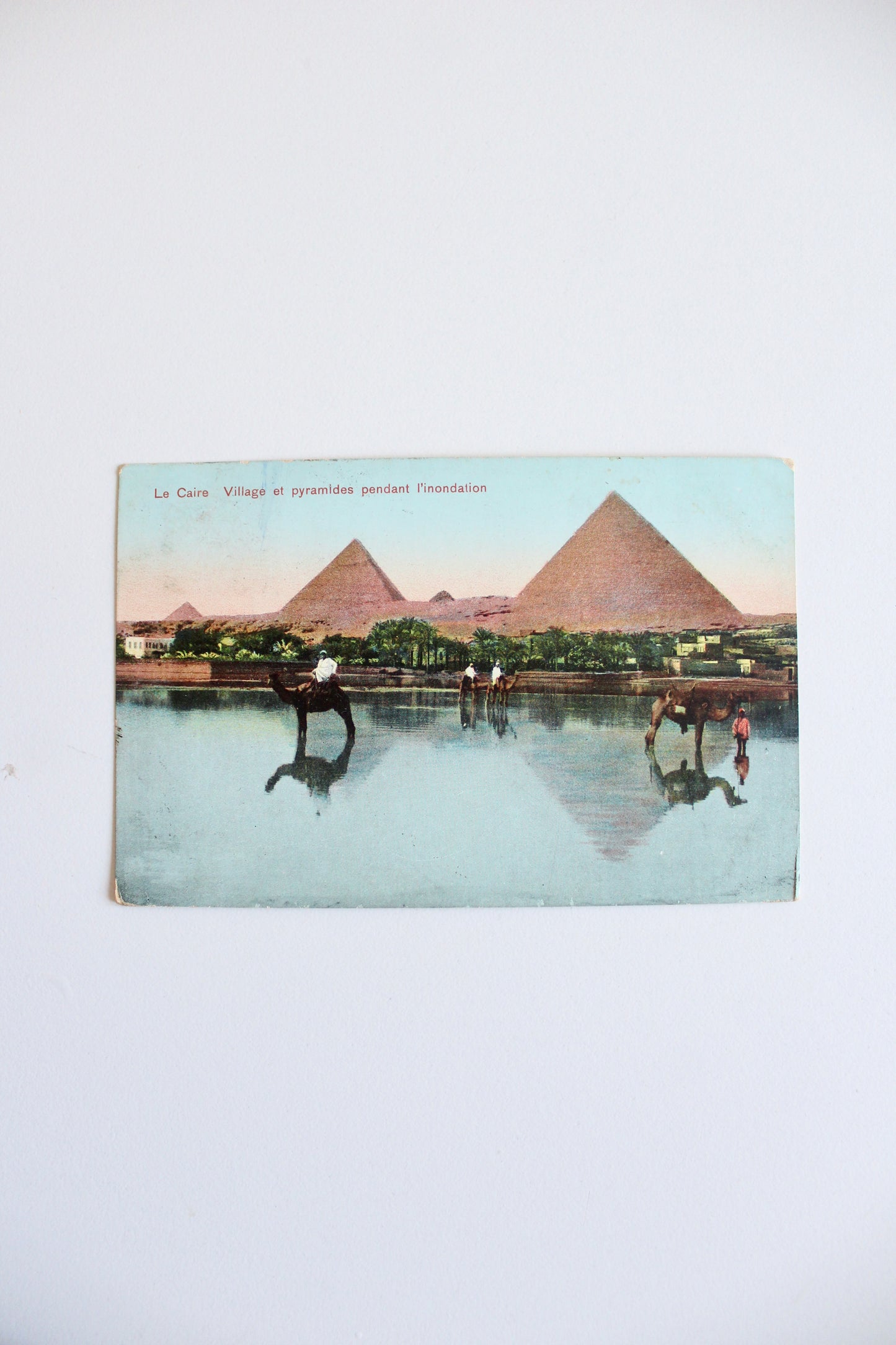 Vintage Egyptian Postcard – Cairo Village & Pyramids During the Inundation, c. 1905–1915