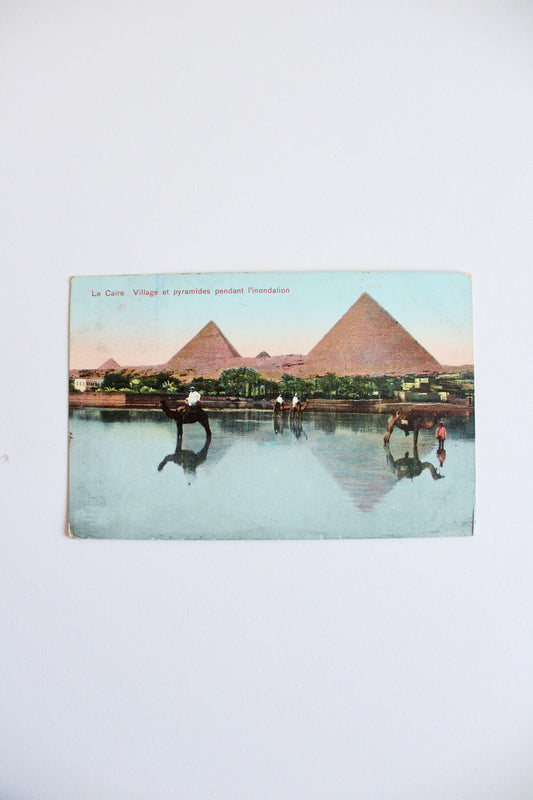 Vintage Egyptian Postcard – Cairo Village & Pyramids During the Inundation, c. 1905–1915
