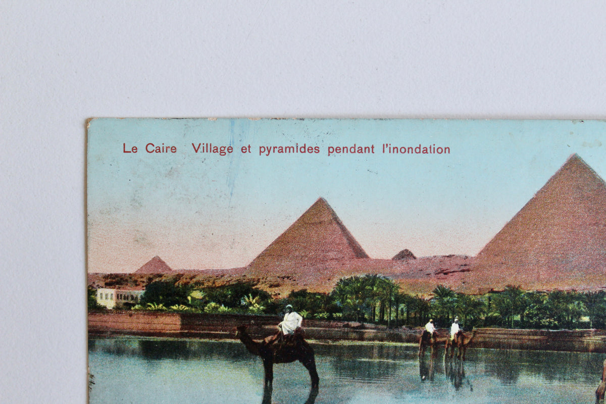 Vintage Egyptian Postcard – Cairo Village & Pyramids During the Inundation, c. 1905–1915