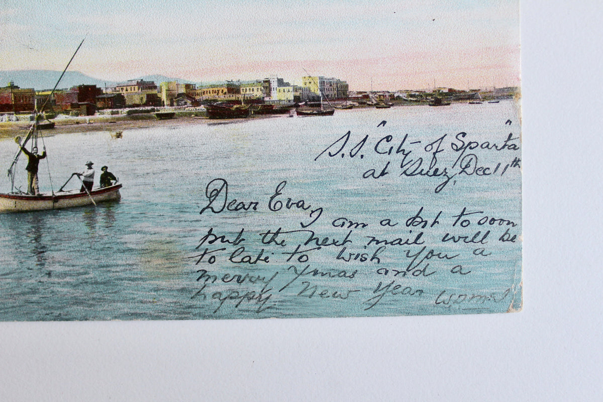 Antique Egyptian Postcard – Entrance to the Suez Canal, 1908