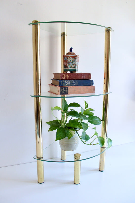 Vintage Brass & Glass Corner Étagère, c. 1980s