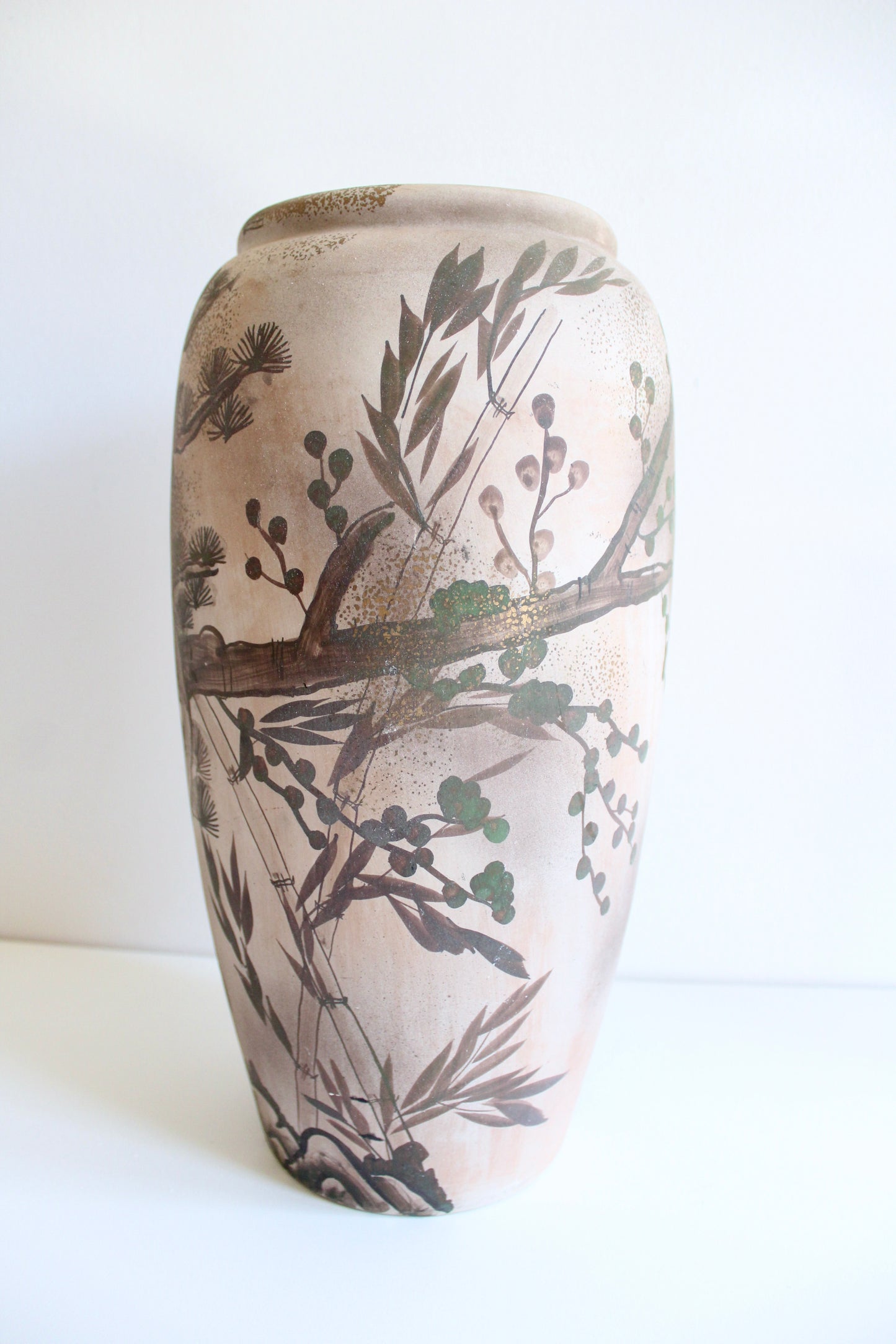Large Hand-Painted Thai Stoneware Floor Vase, c. 1980s