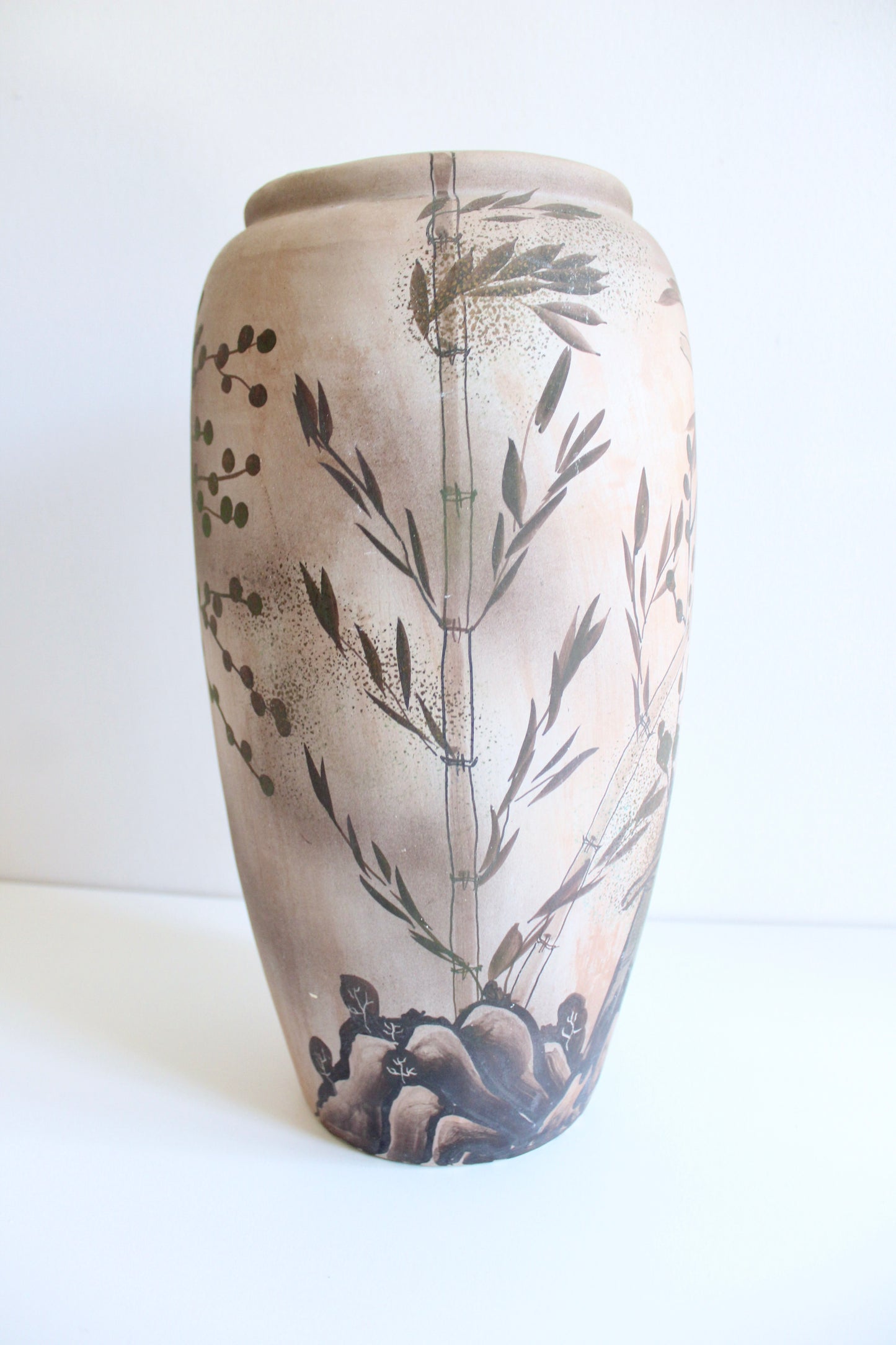 Large Hand-Painted Thai Stoneware Floor Vase, c. 1980s