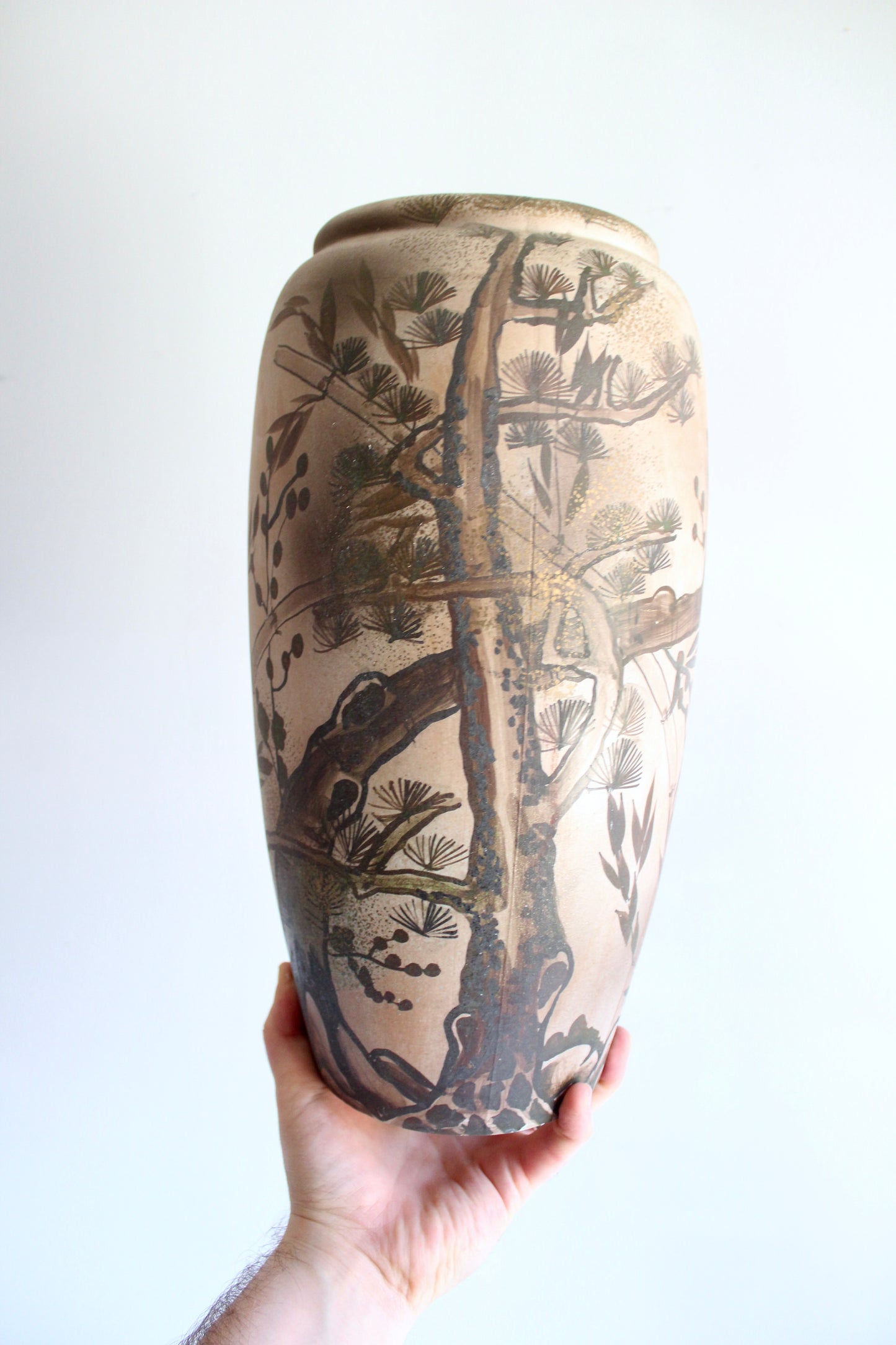 Large Hand-Painted Thai Stoneware Floor Vase, c. 1980s