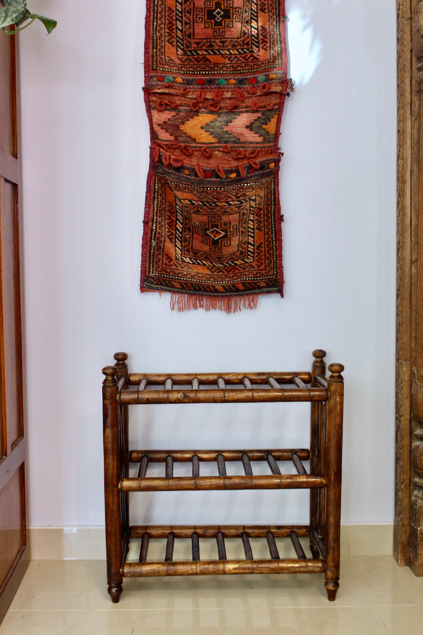 Vintage Faux Bamboo Wooden Shoe Rack / Display Shelf