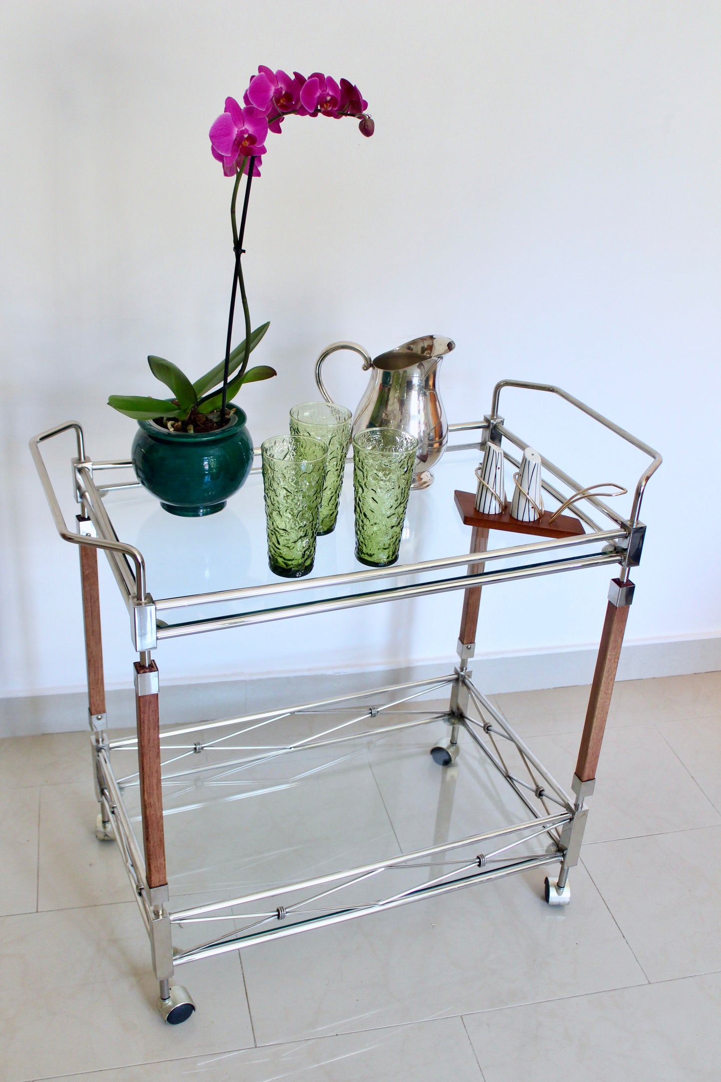 Vintage Chrome & Glass Bar Cart with Wood Accents, c. 1990s