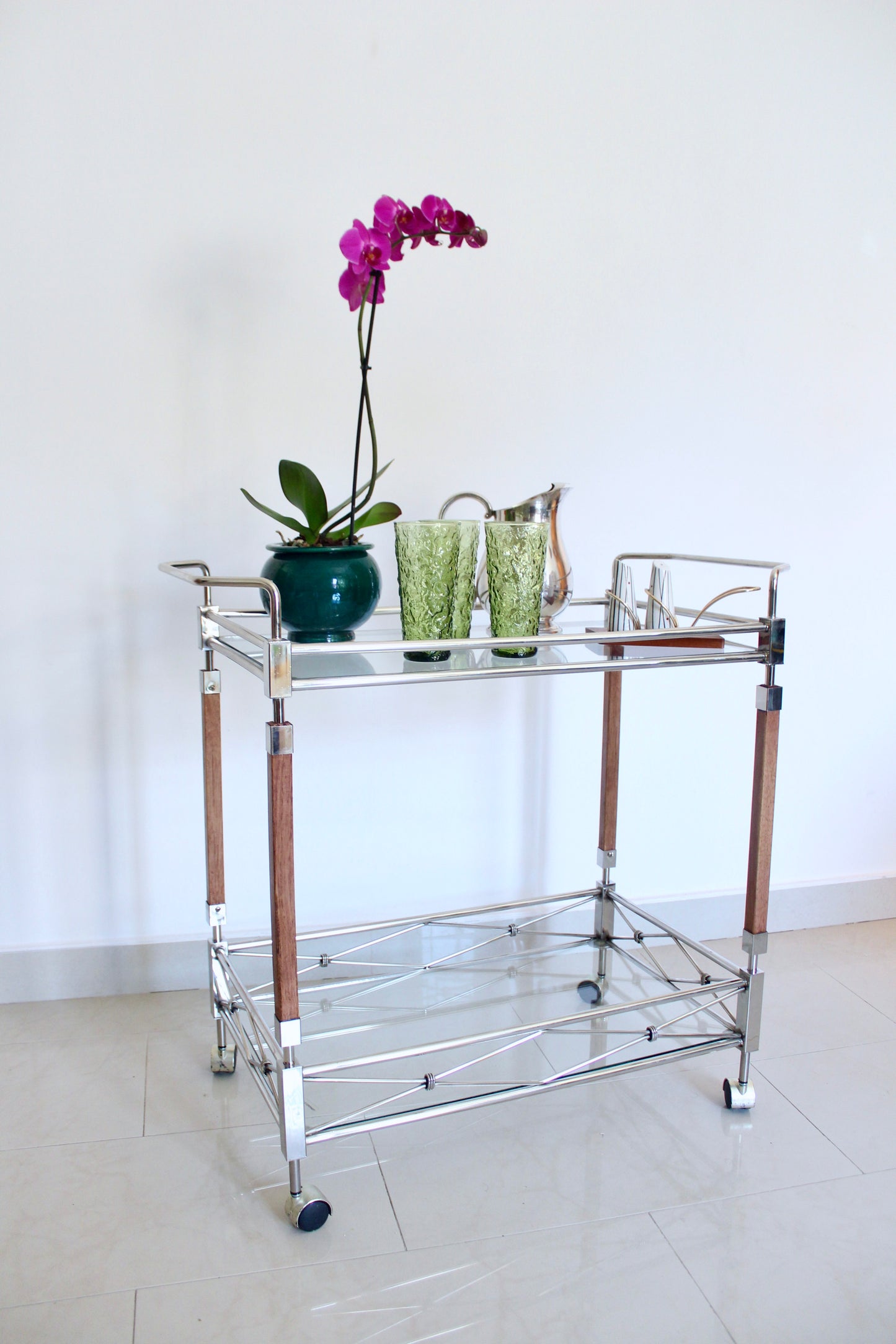 Vintage Chrome & Glass Bar Cart with Wood Accents, c. 1990s