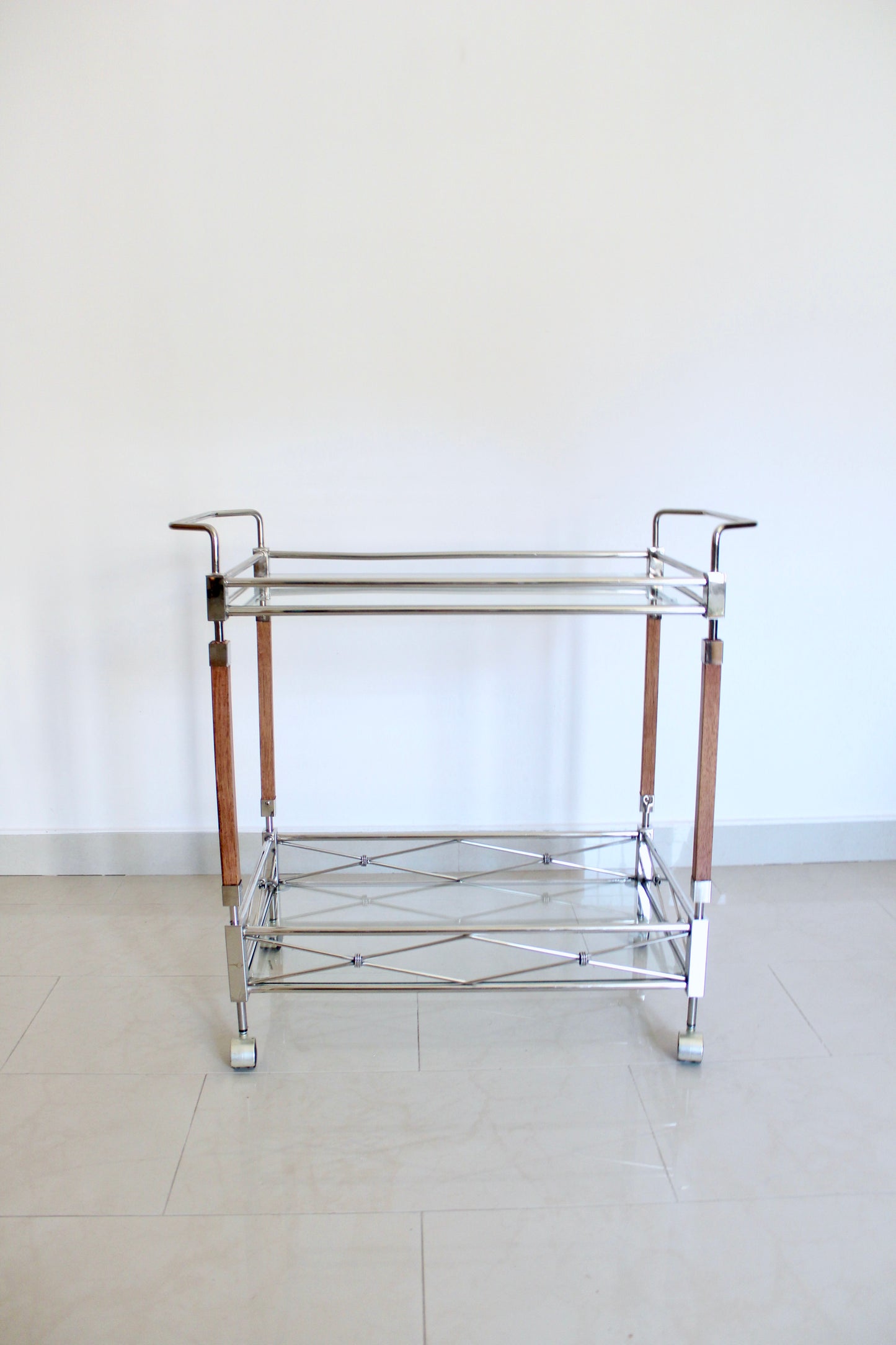 Vintage Chrome & Glass Bar Cart with Wood Accents, c. 1990s