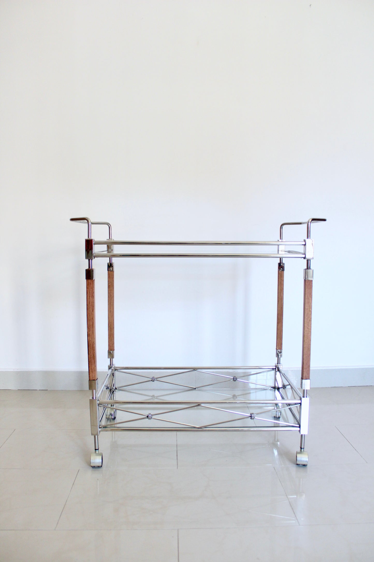 Vintage Chrome & Glass Bar Cart with Wood Accents, c. 1990s