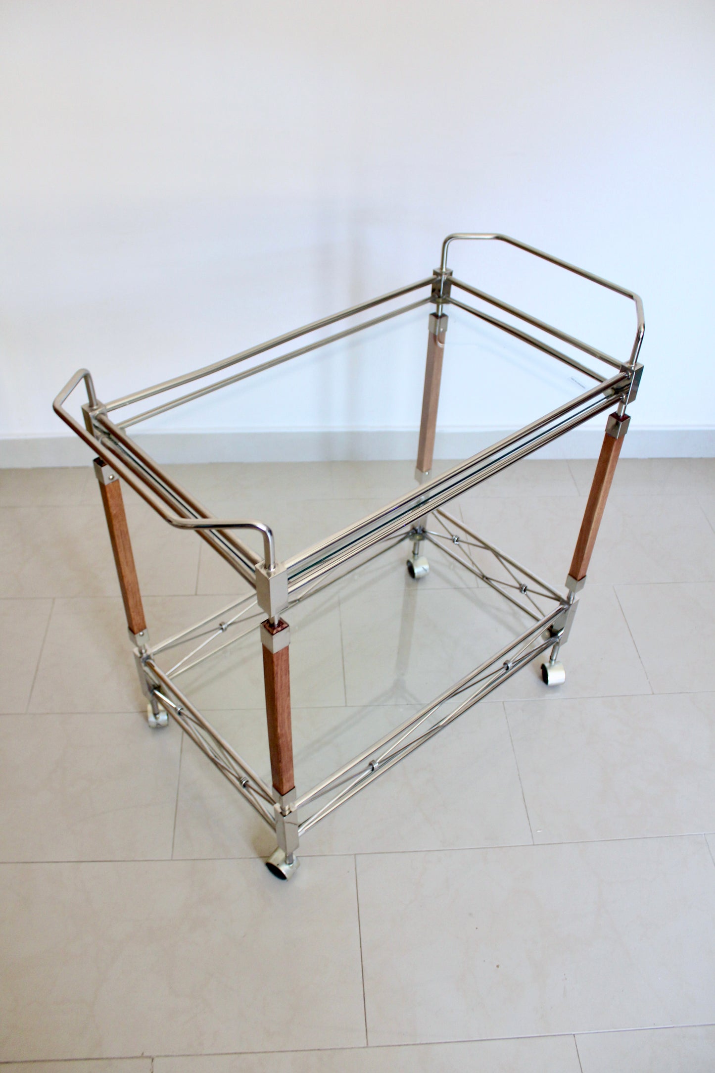 Vintage Chrome & Glass Bar Cart with Wood Accents, c. 1990s