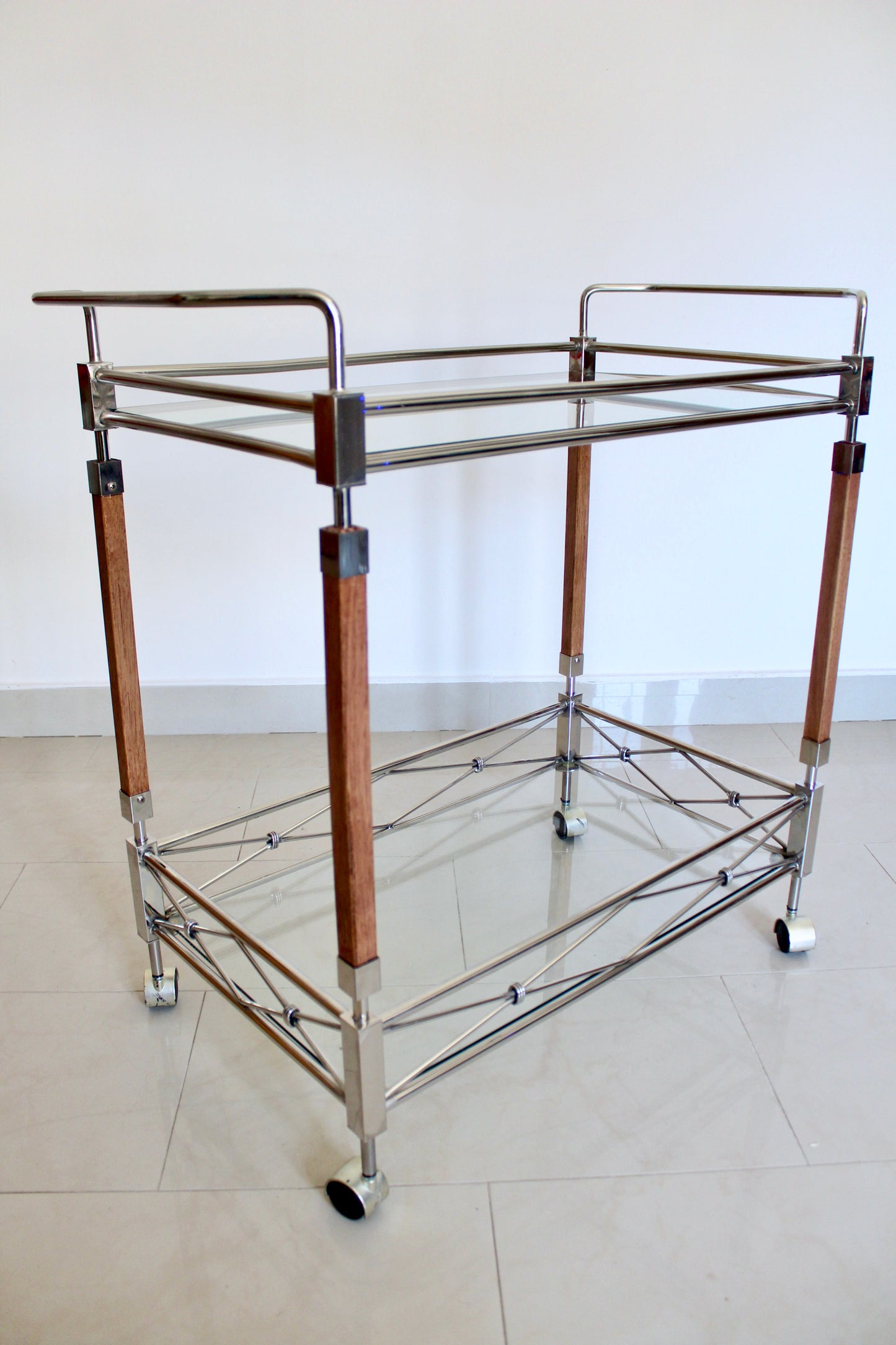 Vintage Chrome & Glass Bar Cart with Wood Accents, c. 1990s