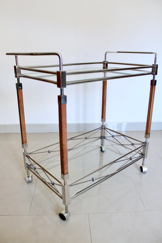 Vintage Chrome & Glass Bar Cart with Wood Accents, c. 1990s