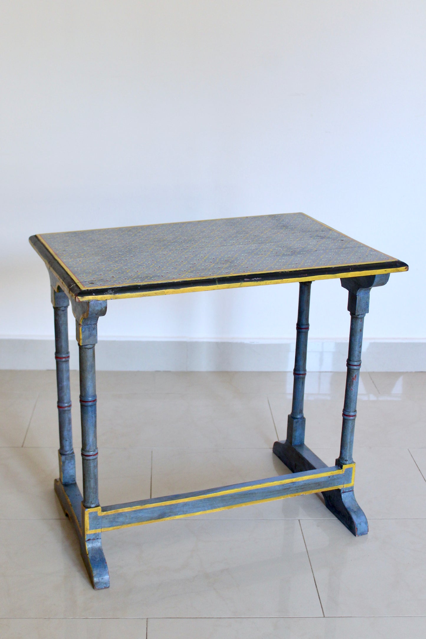 Vintage Hand-Painted Indian Side Table with Floral Lattice Top