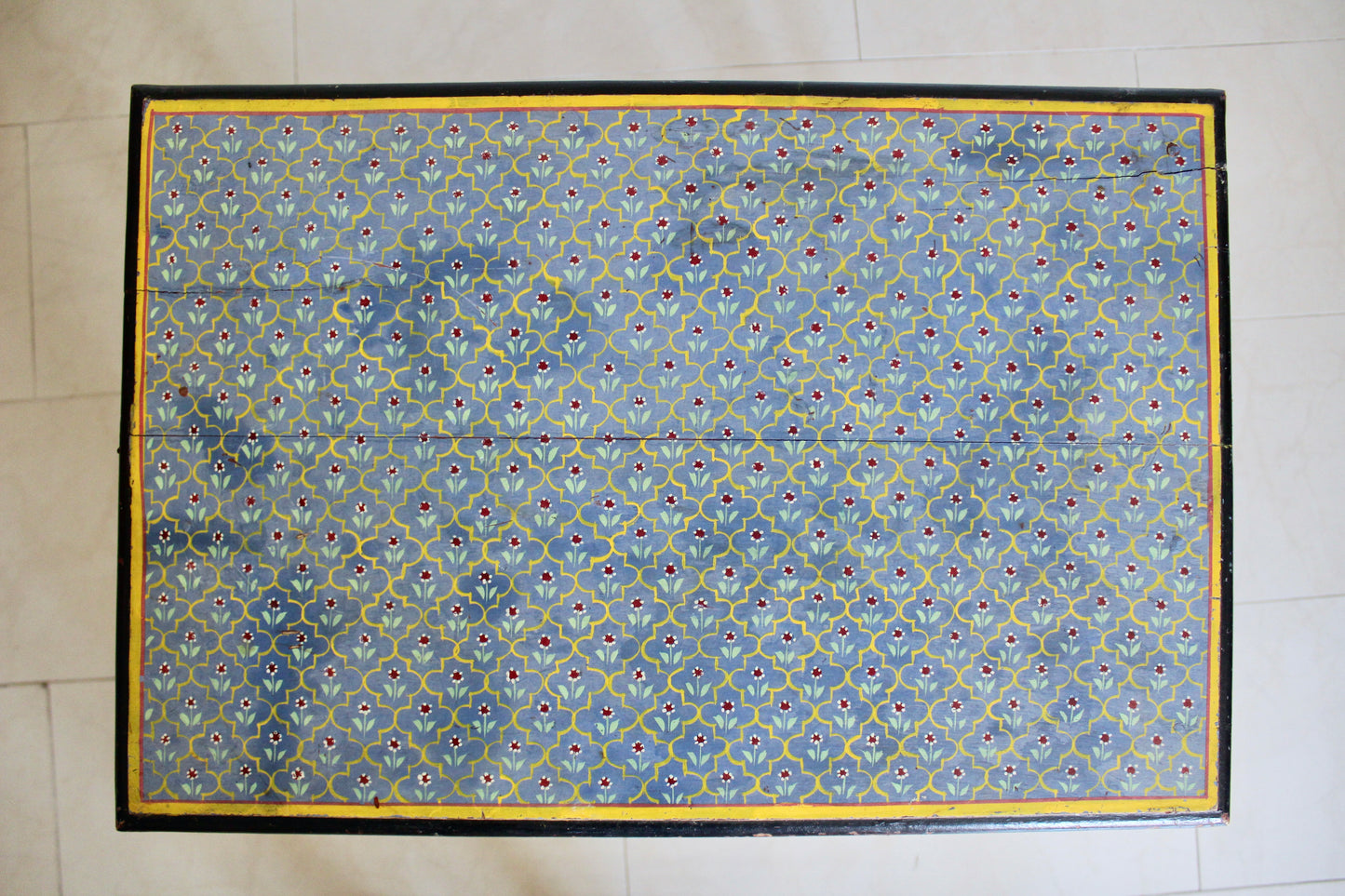 Vintage Hand-Painted Indian Side Table with Floral Lattice Top