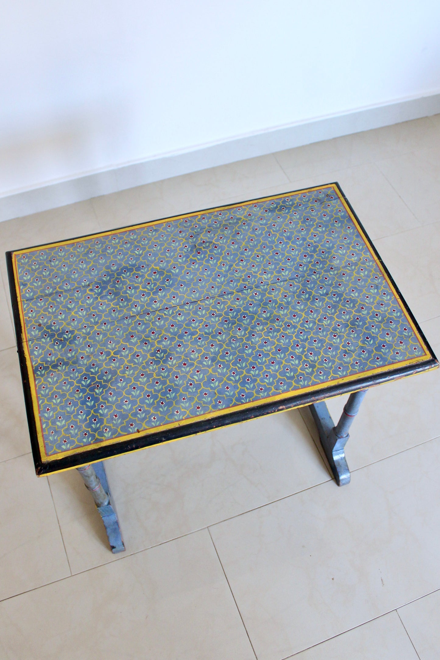 Vintage Hand-Painted Indian Side Table with Floral Lattice Top