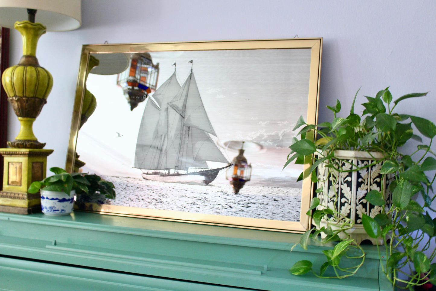 Large Mid-Century Nautical Mirror Wall Art Featuring the Bluenose II Schooner, c. 1960s–70s