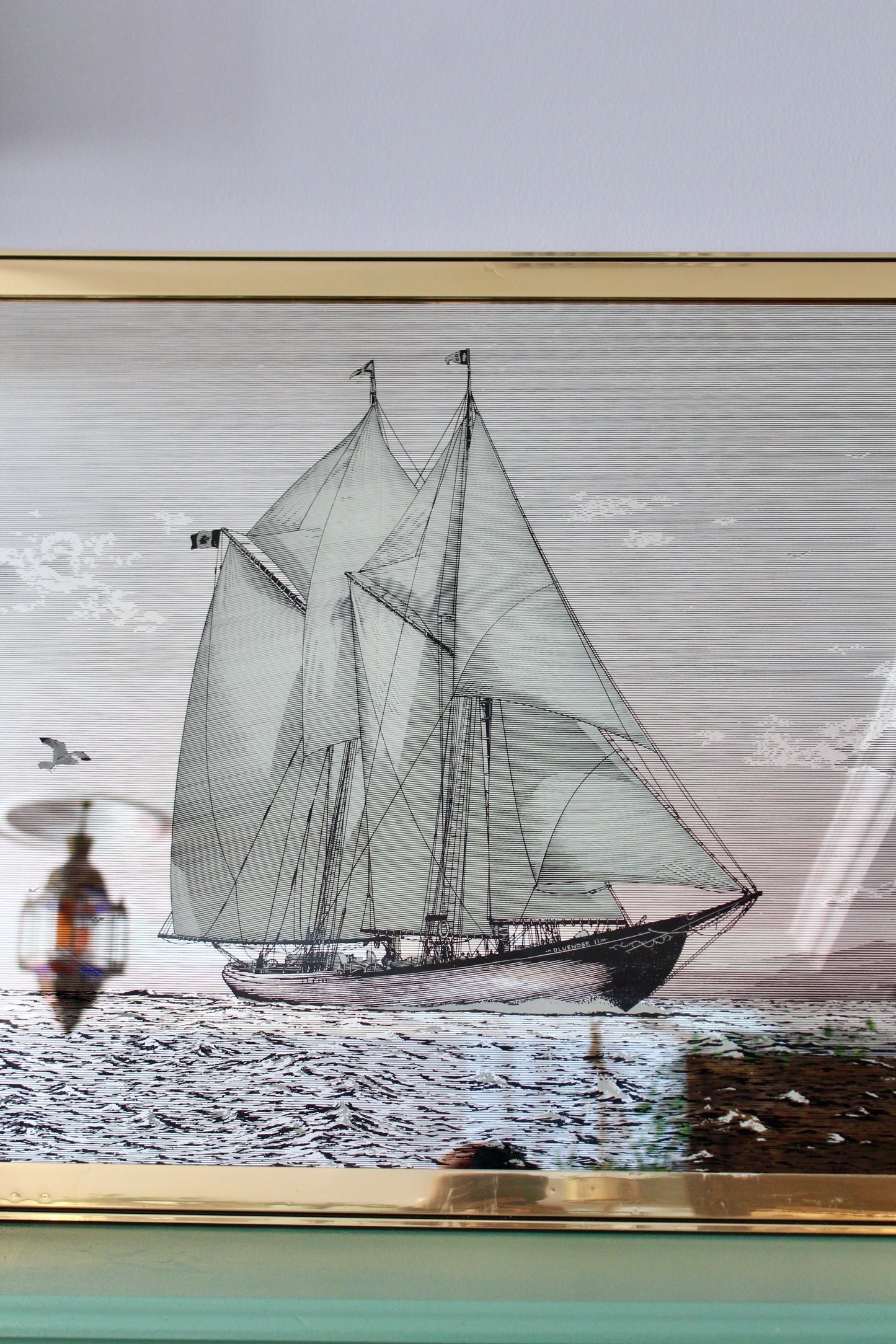 Large Mid-Century Nautical Mirror Wall Art Featuring the Bluenose II Schooner, c. 1960s–70s