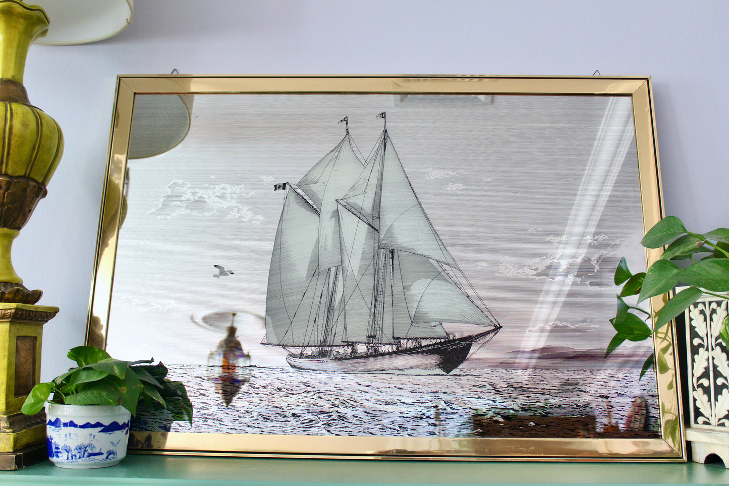 Large Mid-Century Nautical Mirror Wall Art Featuring the Bluenose II Schooner, c. 1960s–70s