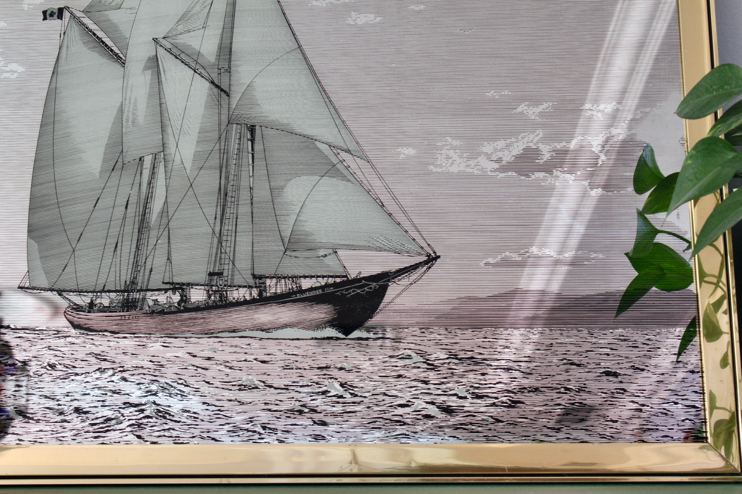 Large Mid-Century Nautical Mirror Wall Art Featuring the Bluenose II Schooner, c. 1960s–70s