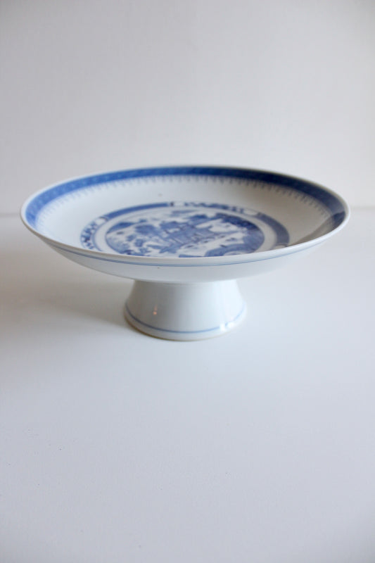 Blue & White Porcelain Pedestal Fruit Bowl | Chinoiserie Centerpiece Dish