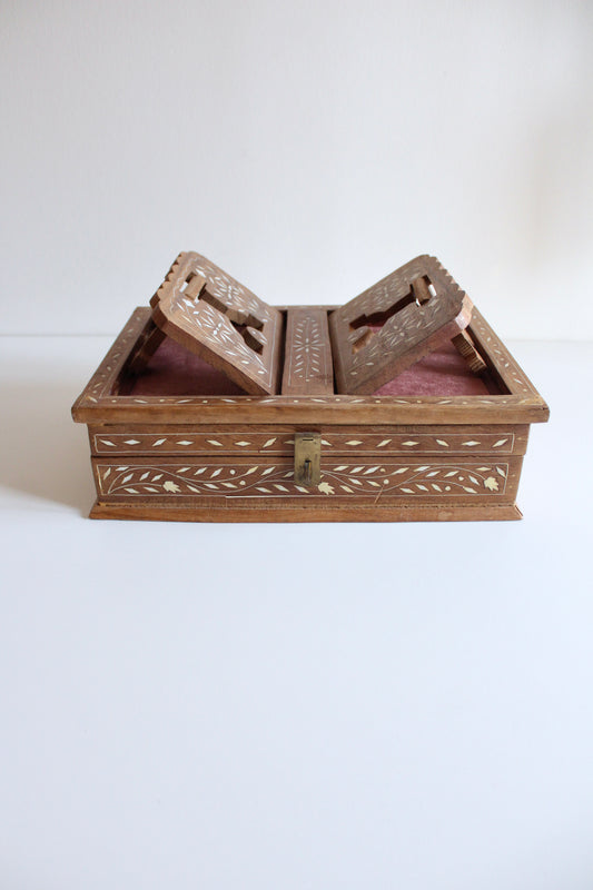 Vintage Inlaid Wooden Reading Box with Folding Book Stand