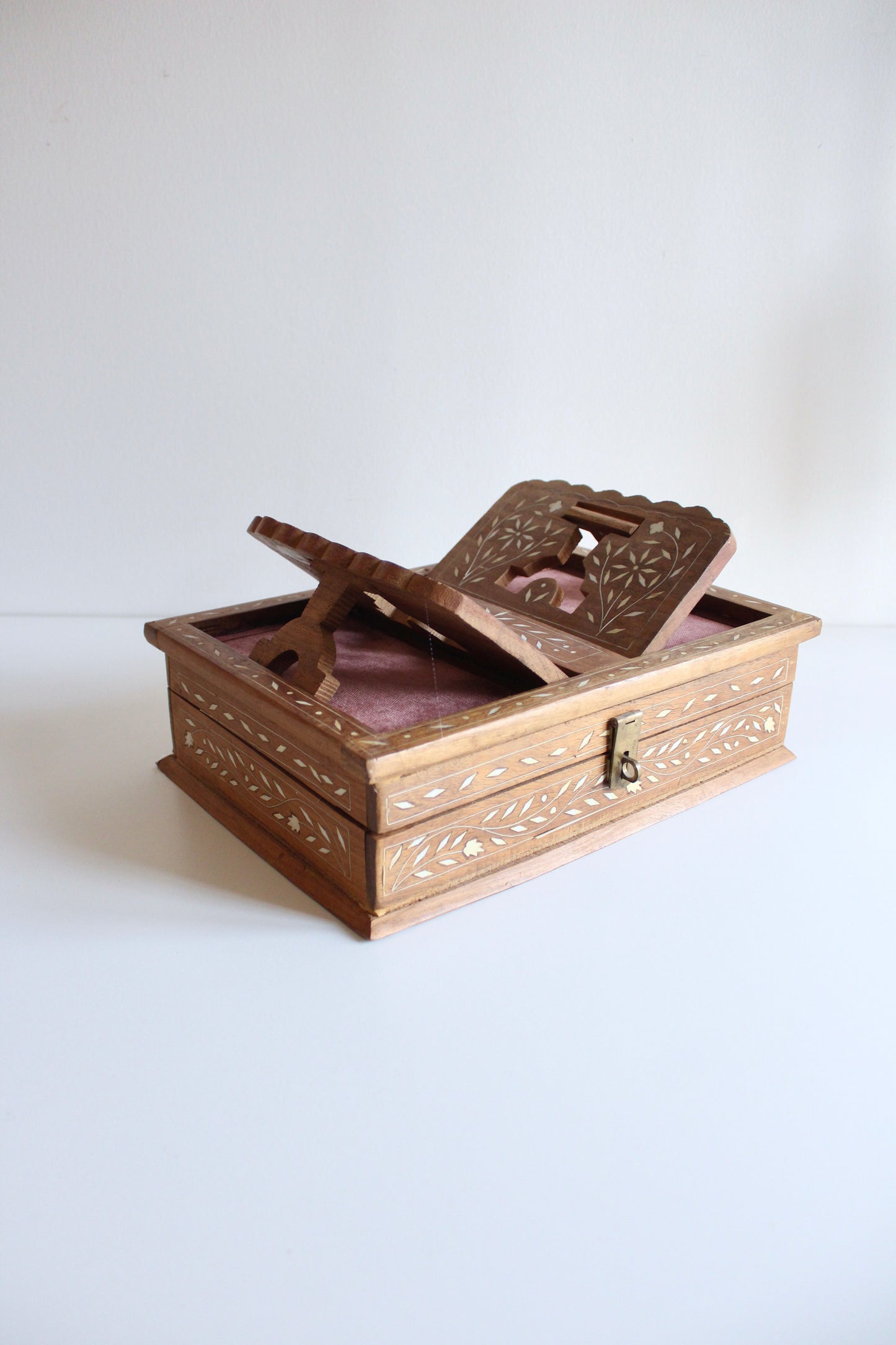 Vintage Inlaid Wooden Reading Box with Folding Book Stand