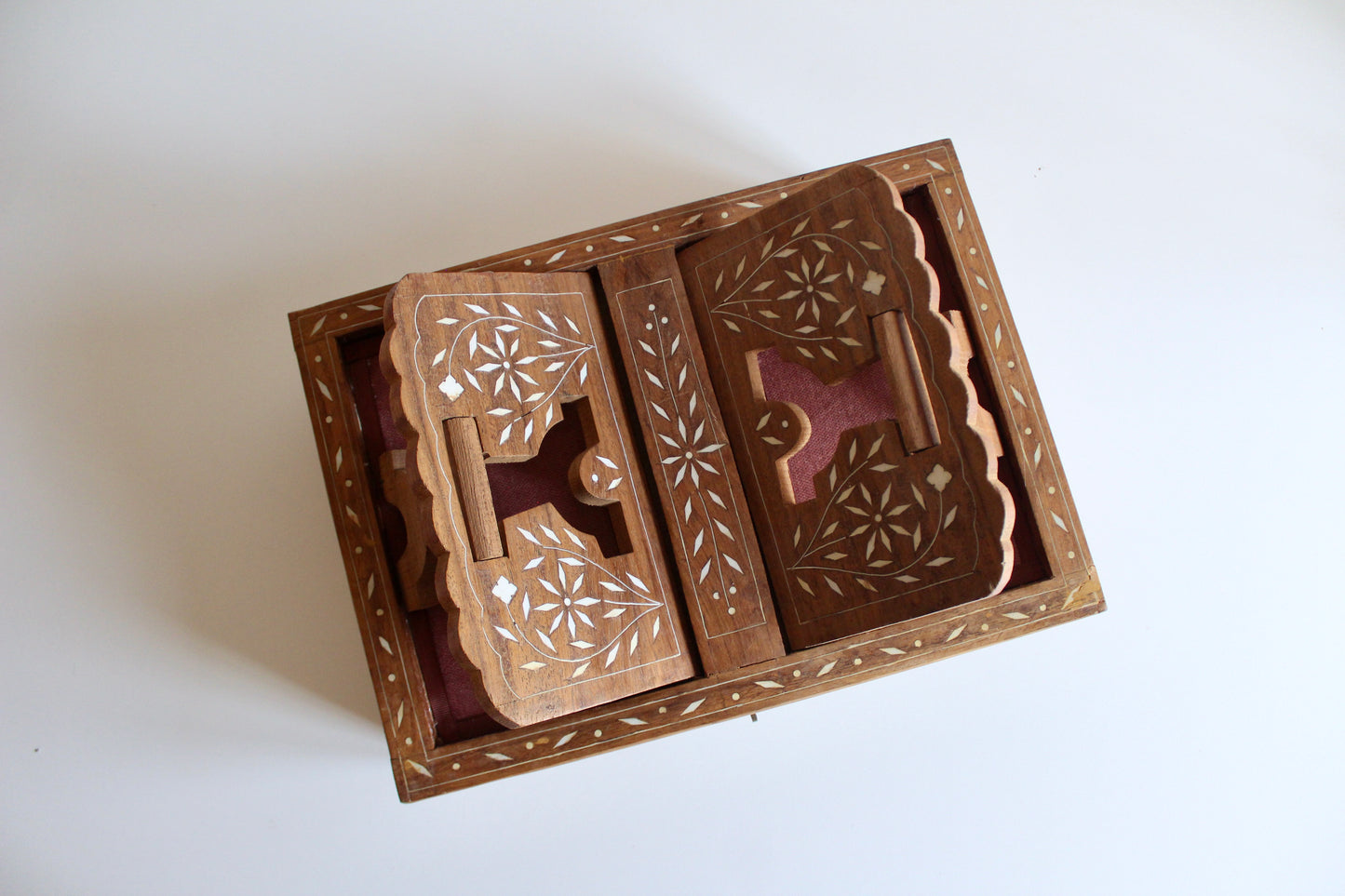 Vintage Inlaid Wooden Reading Box with Folding Book Stand
