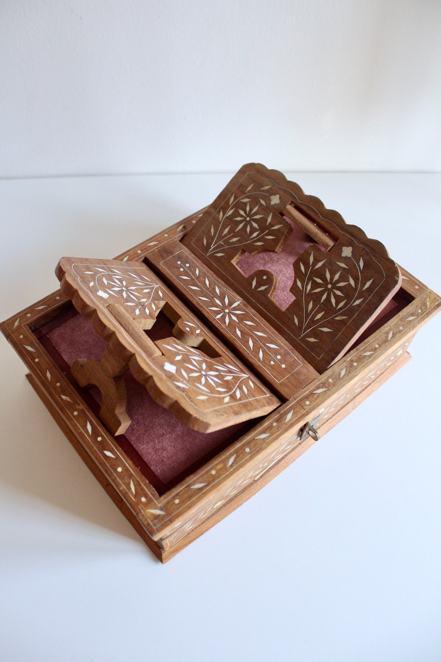 Vintage Inlaid Wooden Reading Box with Folding Book Stand