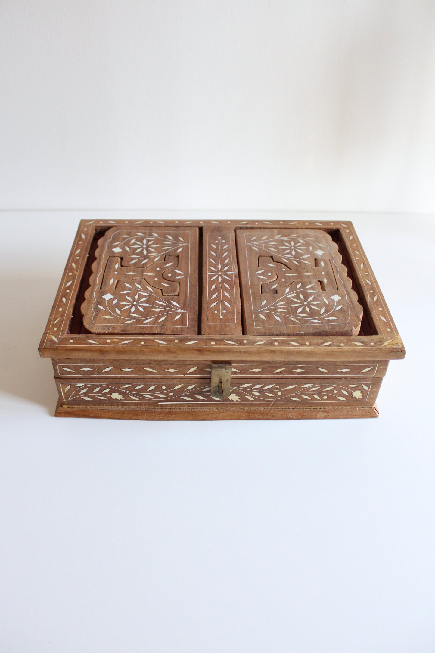 Vintage Inlaid Wooden Reading Box with Folding Book Stand