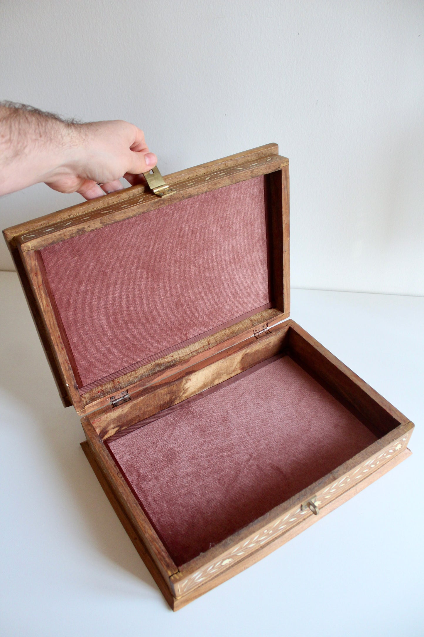 Vintage Inlaid Wooden Reading Box with Folding Book Stand