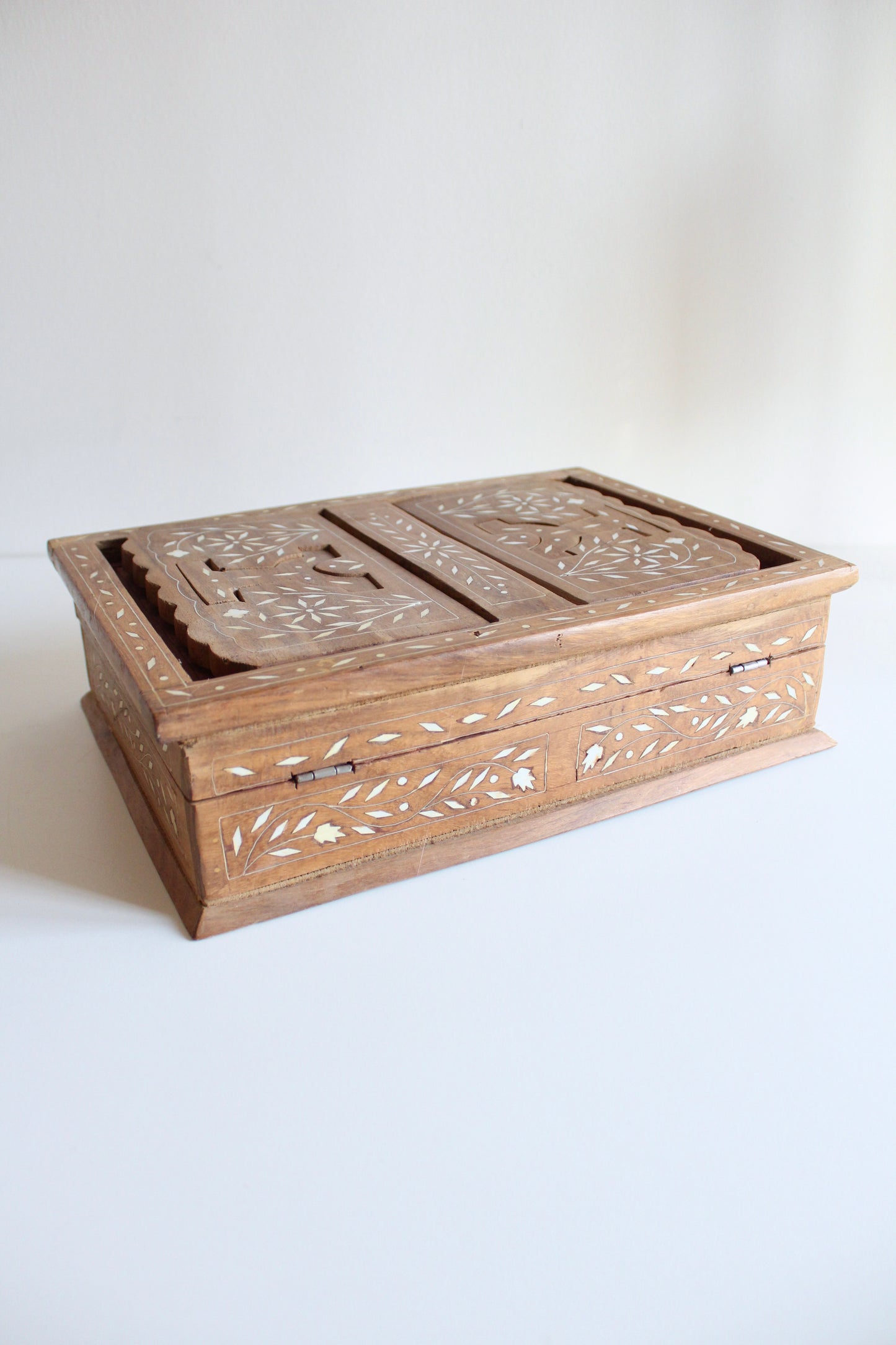 Vintage Inlaid Wooden Reading Box with Folding Book Stand