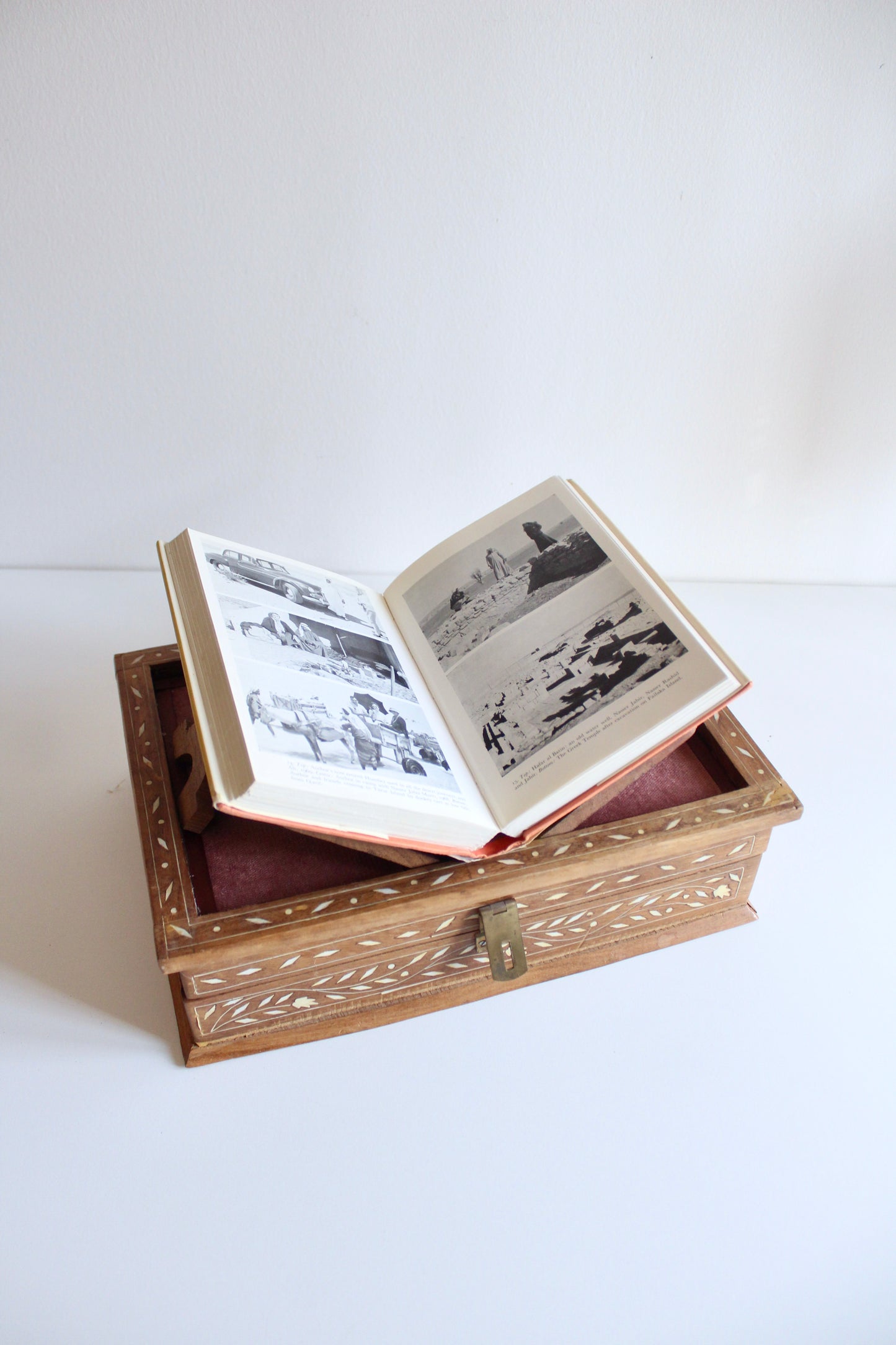 Vintage Inlaid Wooden Reading Box with Folding Book Stand