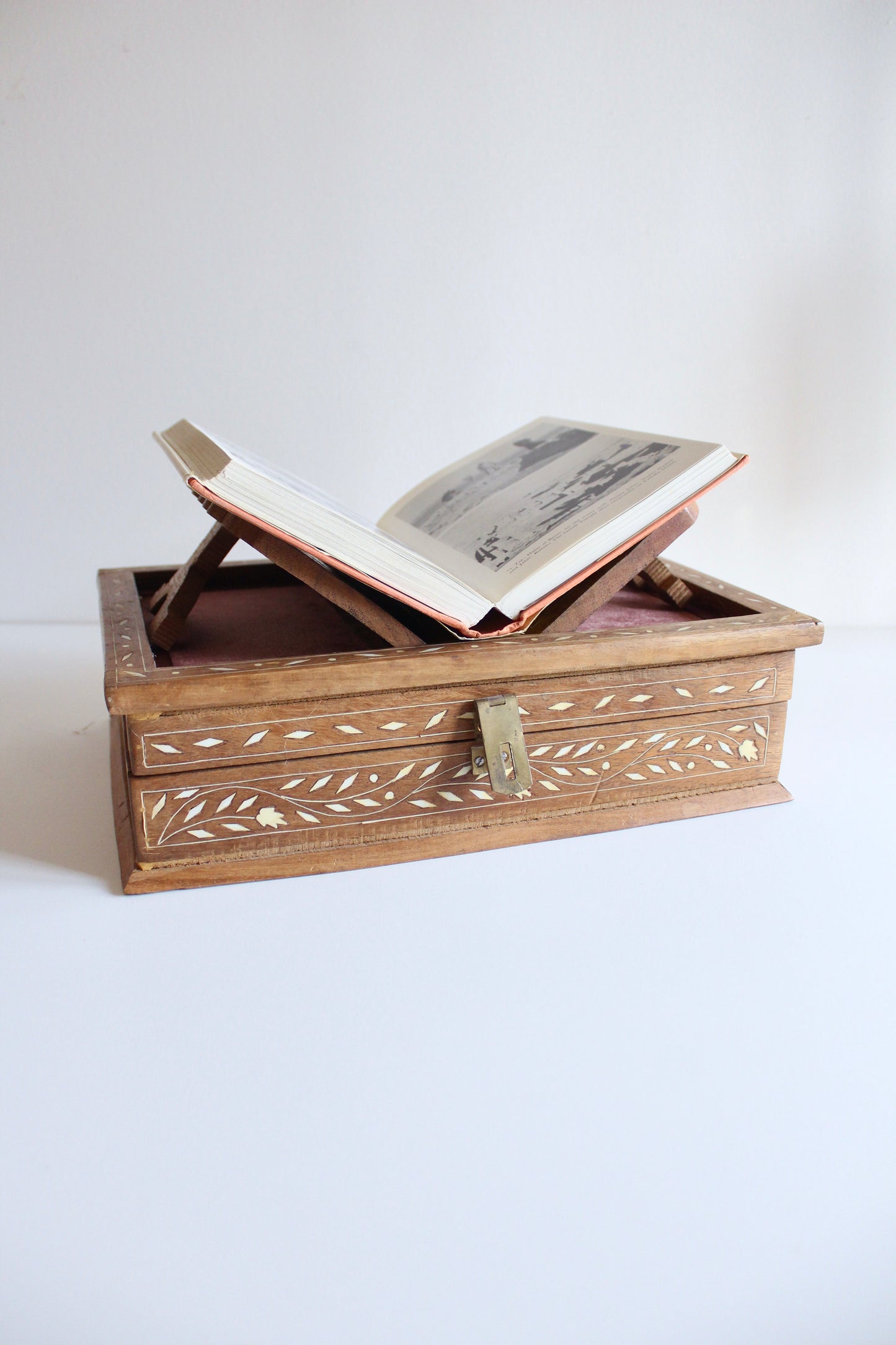 Vintage Inlaid Wooden Reading Box with Folding Book Stand