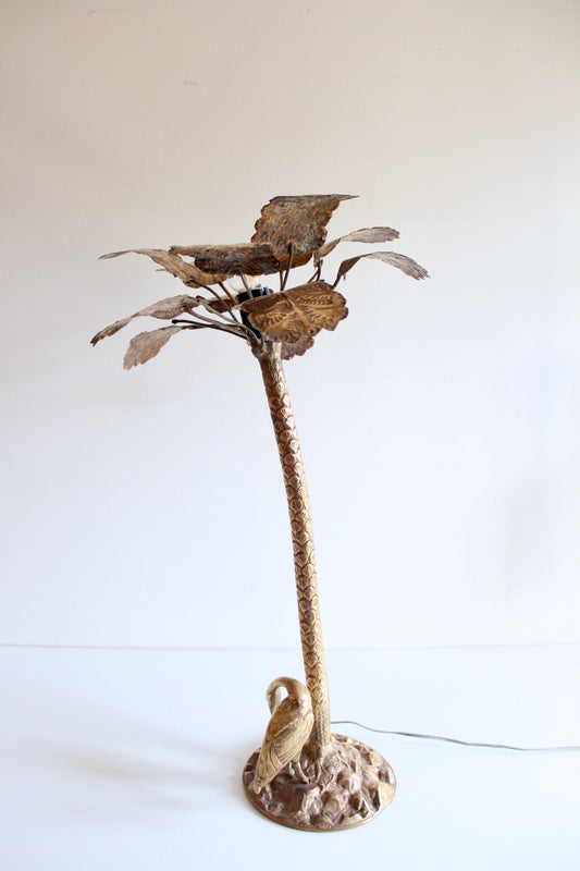 Vintage Hollywood Regency Palm Tree Lamp with Heron Figure