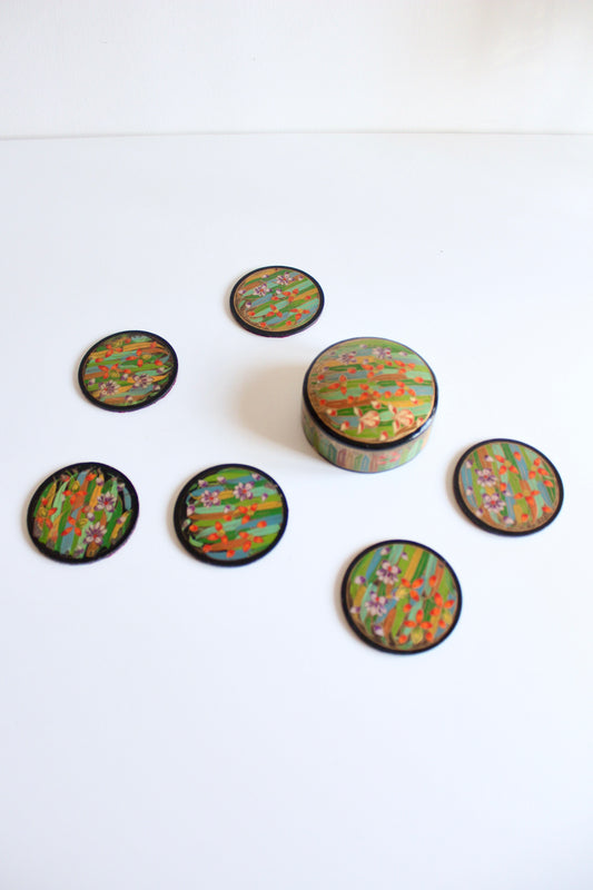 Vintage Kashmiri Hand-Painted Papier-Mâché Coaster Set with Box