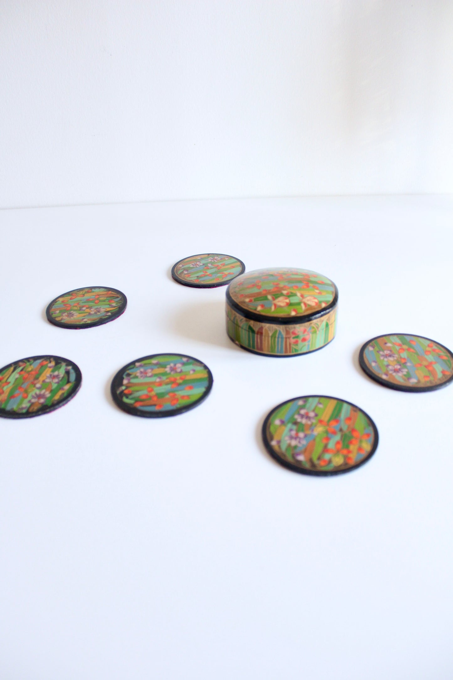 Vintage Kashmiri Hand-Painted Papier-Mâché Coaster Set with Box
