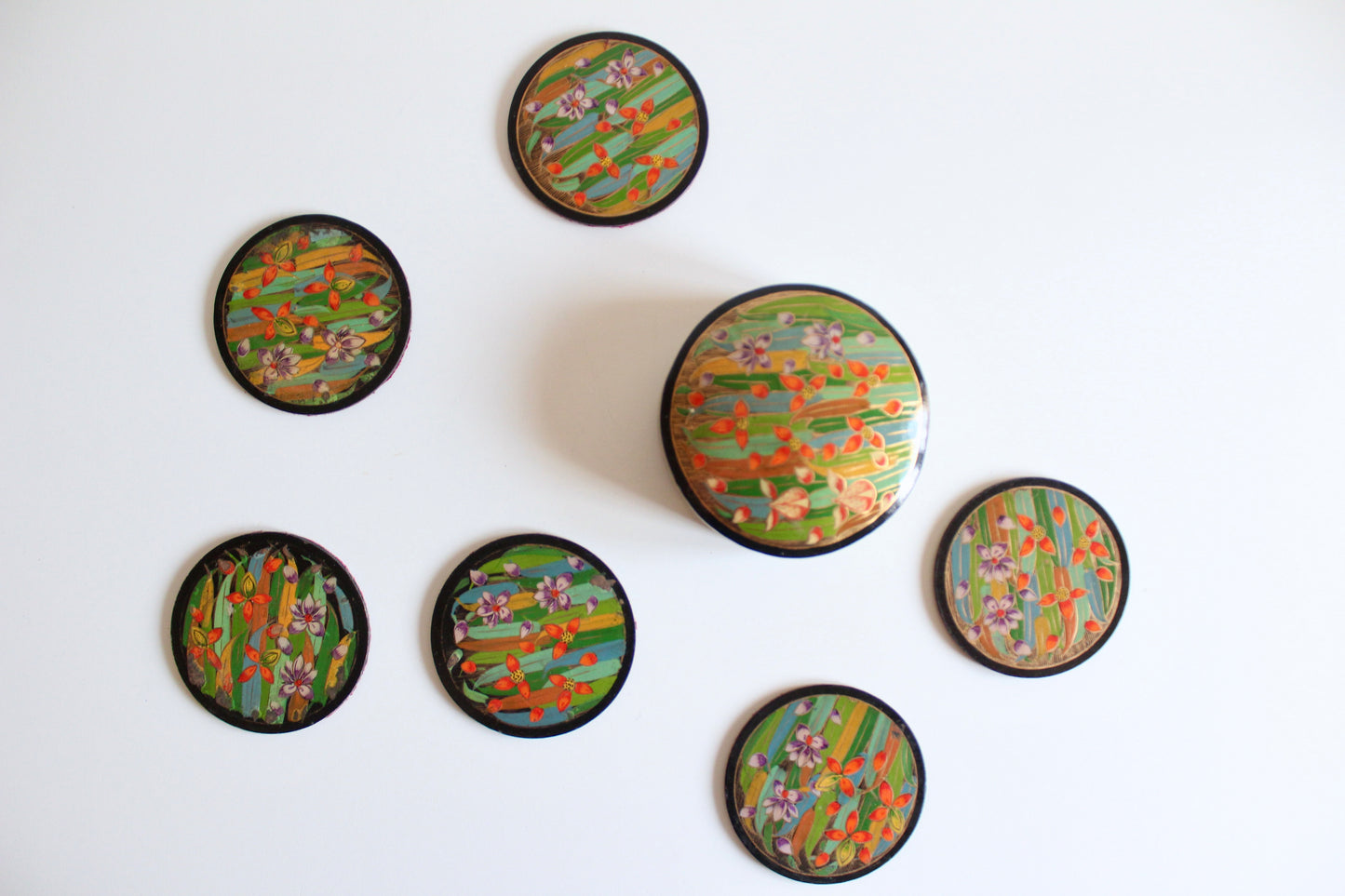 Vintage Kashmiri Hand-Painted Papier-Mâché Coaster Set with Box