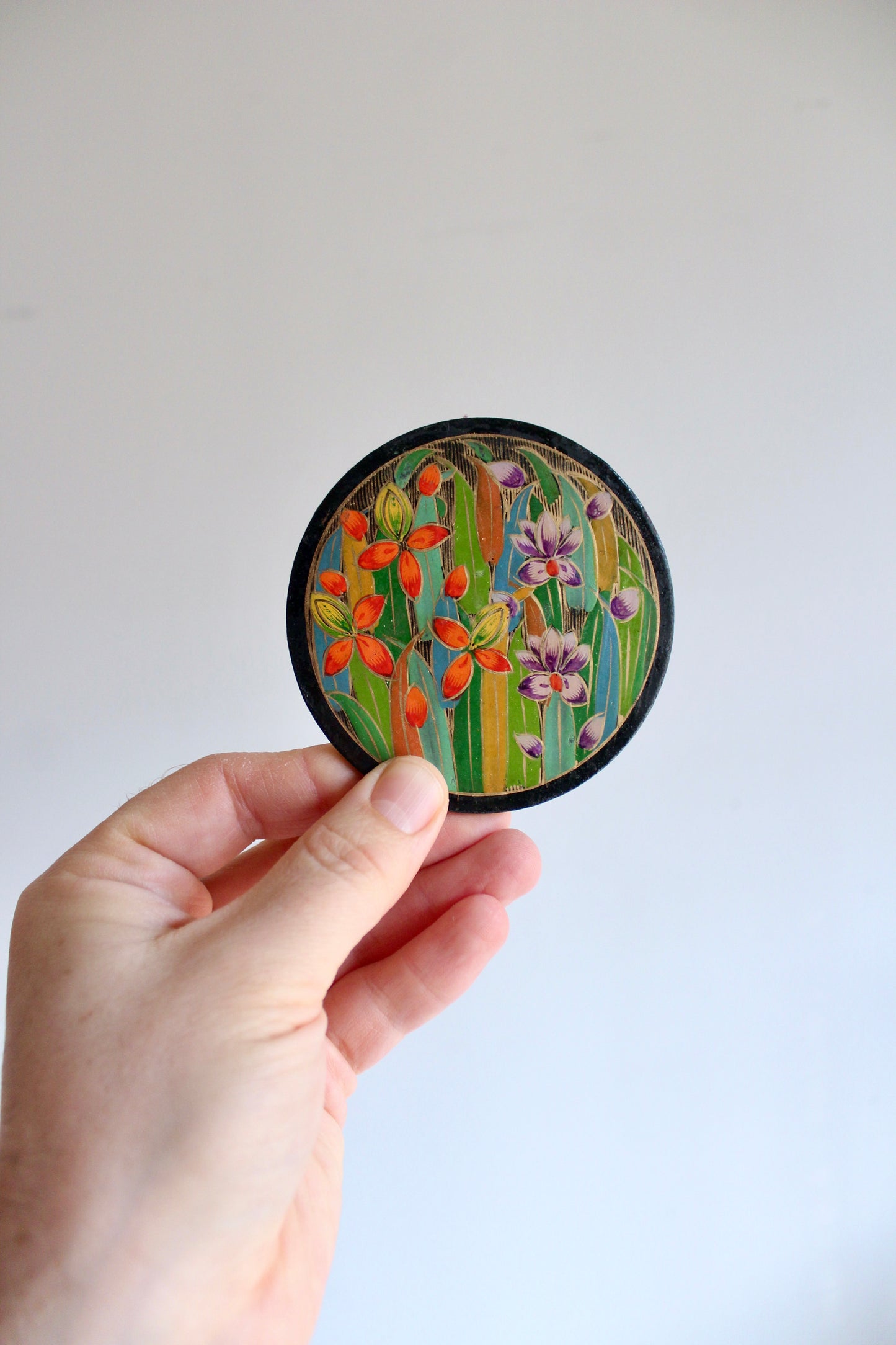 Vintage Kashmiri Hand-Painted Papier-Mâché Coaster Set with Box