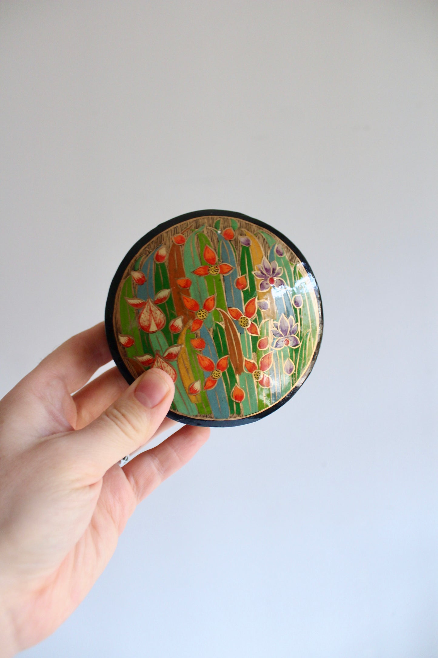 Vintage Kashmiri Hand-Painted Papier-Mâché Coaster Set with Box