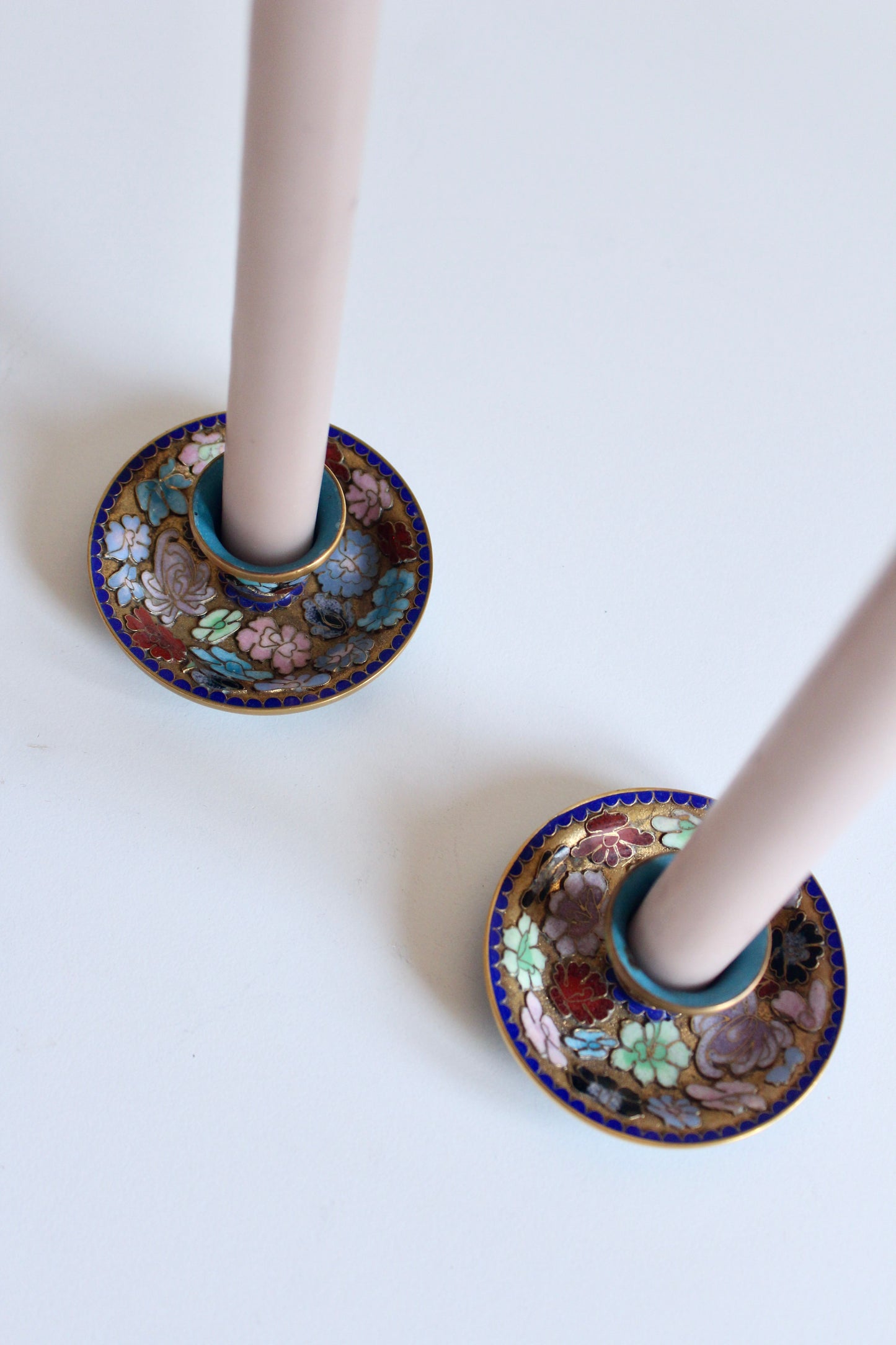 Vintage Chinese Cloisonné Enamel Candle Holders – Pair