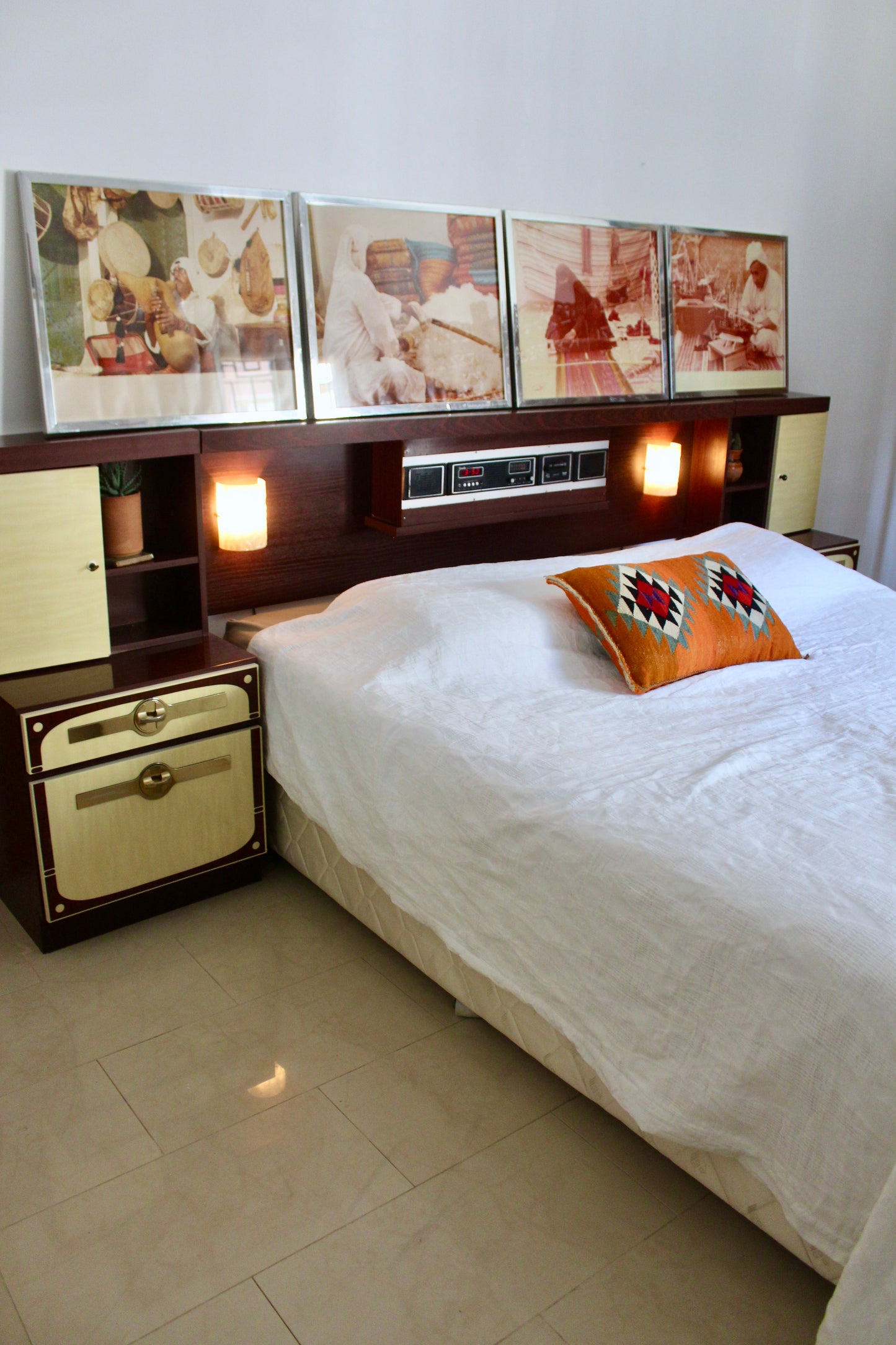 Vintage 1980 Integrated Bedroom Headboard & Nightstands with Radio, Cassette & Lights