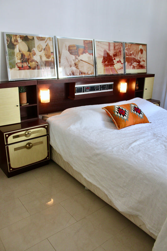 Vintage 1980 Integrated Bedroom Headboard & Nightstands with Radio, Cassette & Lights