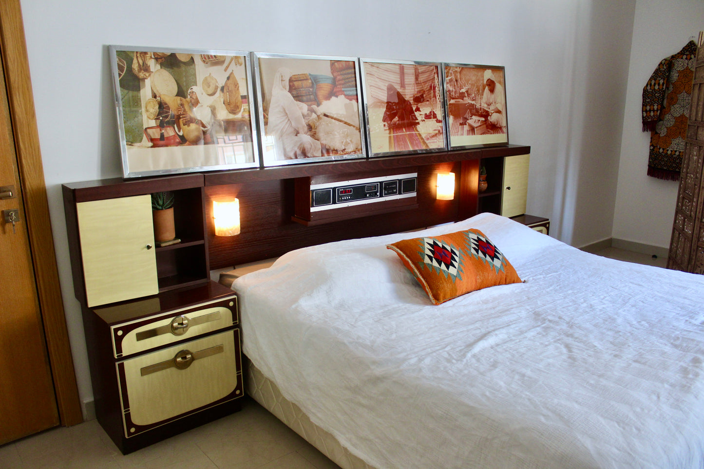 Vintage 1980 Integrated Bedroom Headboard & Nightstands with Radio, Cassette & Lights