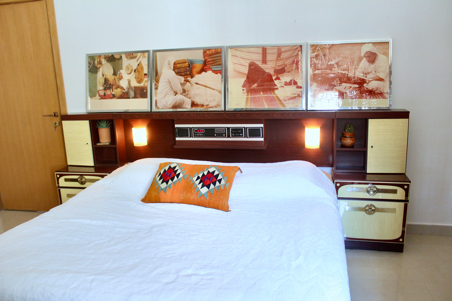 Vintage 1980 Integrated Bedroom Headboard & Nightstands with Radio, Cassette & Lights